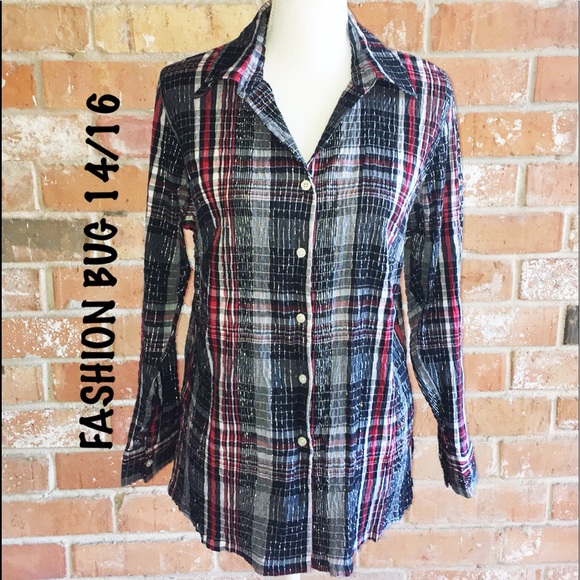 Fashion Bug Tops - Plaid/Metallic Top By Fashion Bug Plus 14/16 EUC